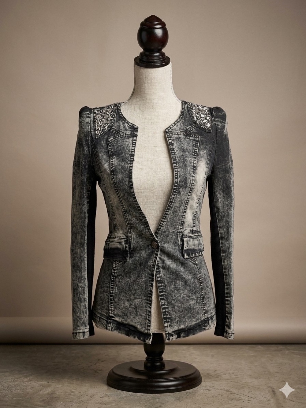 Black Acid-Wash Studded Shoulder Women's Jacket